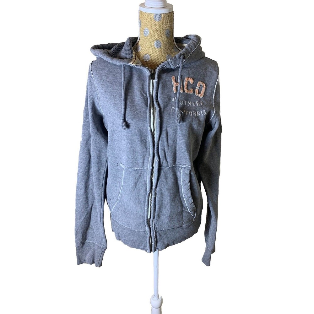 Hollister VtG M Gray Y2K Sweatshirt Full Zip Jacket Distressed Fray Thick